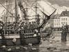 The Boston Tea Party, Griffin’s Wharf, December 16, 1773, American colonists dumped 342 chests of British tea into Boston Harbor to oppose taxation without representation and the East India Company’s monopoly.