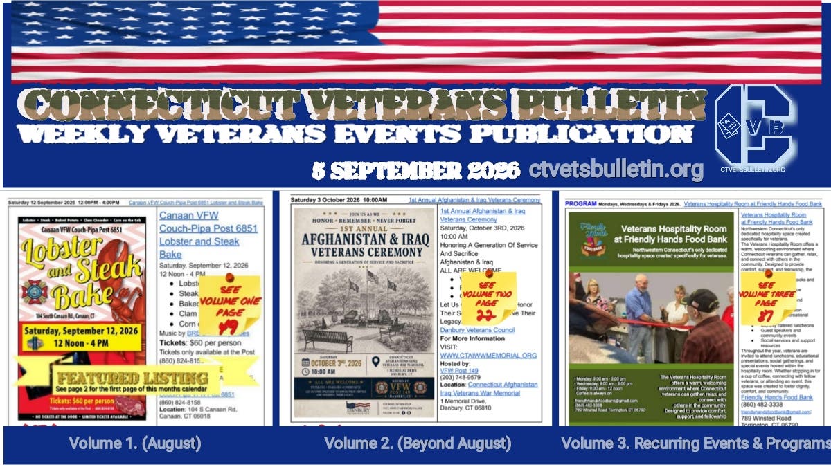 Access the September 5, 2026, Connecticut Veterans Bulletin calendar edition.