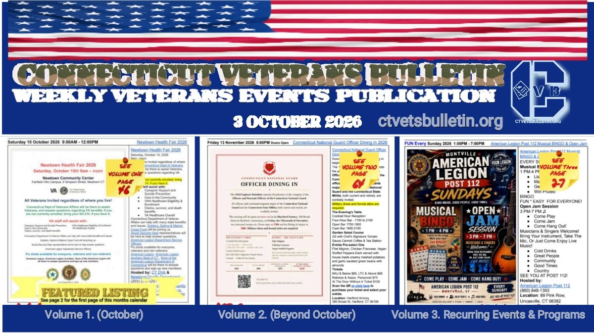 Check out the October 3, 2026, Connecticut Veterans Bulletin calendar for upcoming veteran events.
