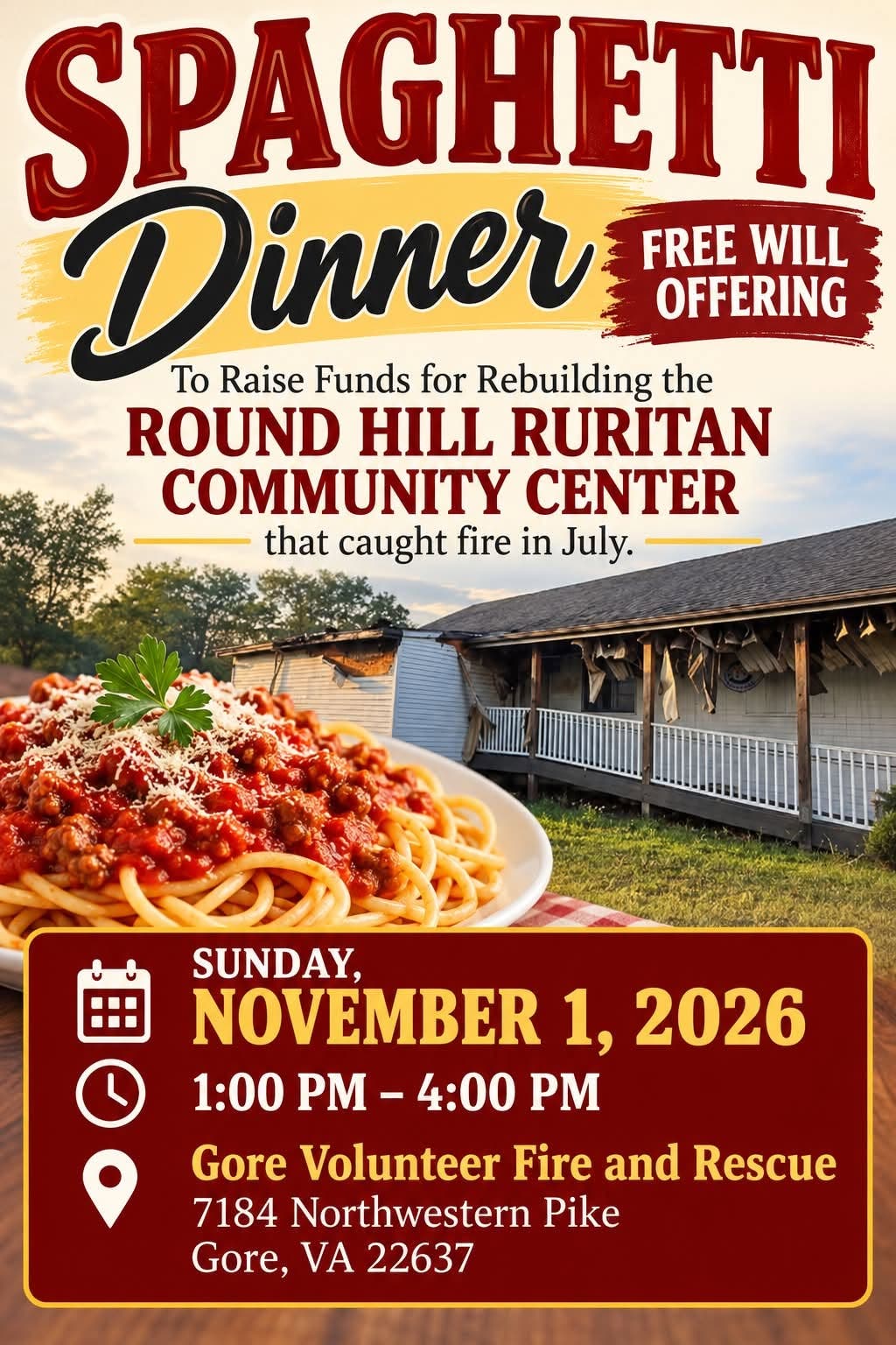 Spaghetti Dinner - Free Will Offering to help rebuild the Round Hill Ruritan Center