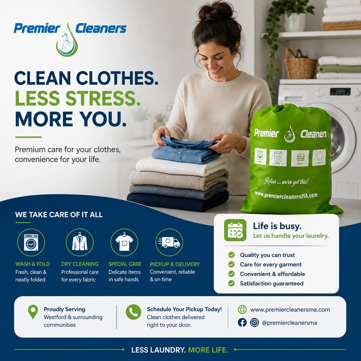 Clean clothes. Less stress. More time for you. 💙💚