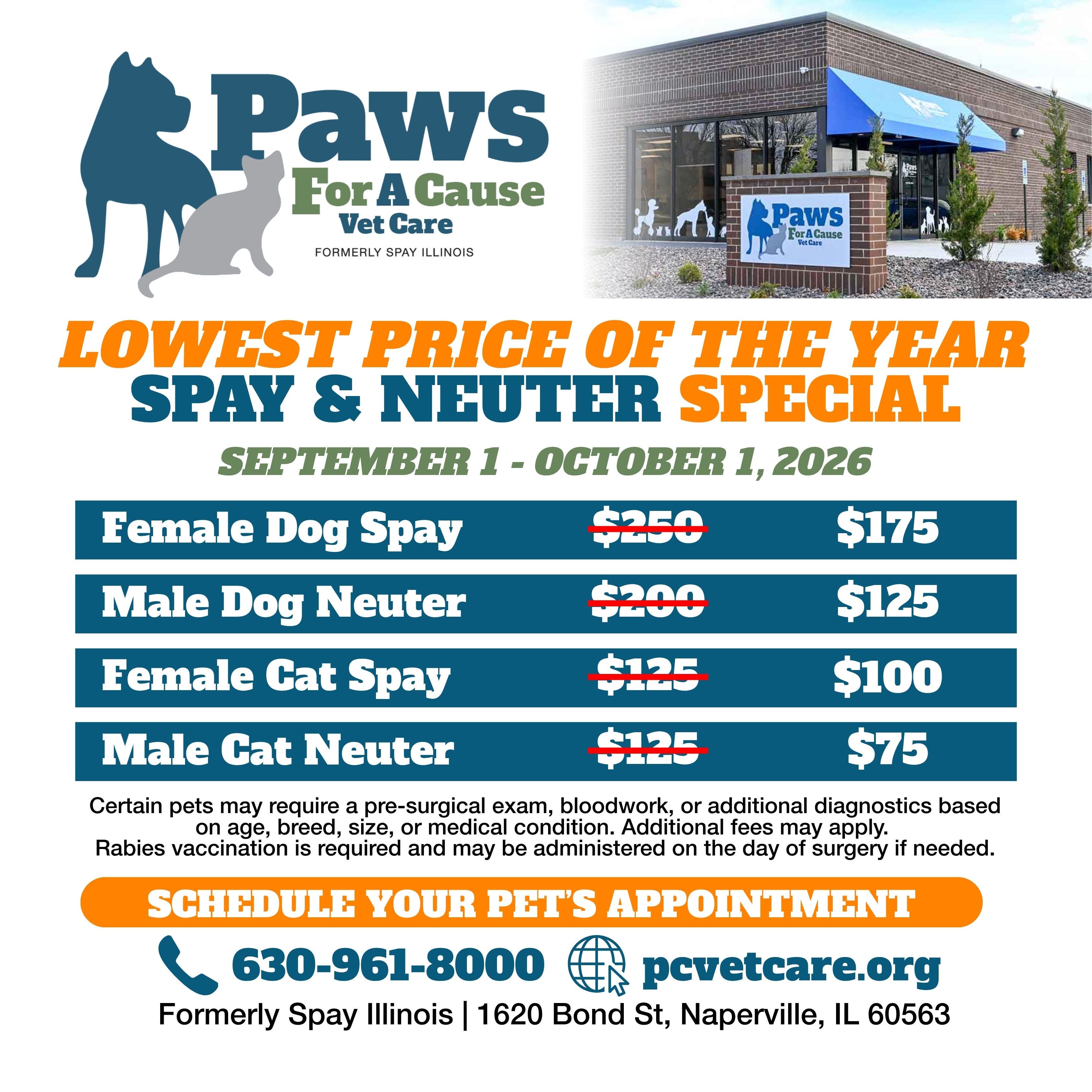 Lowest Price of the Year Spay & Neuter at Paws for a Cause Vet Care