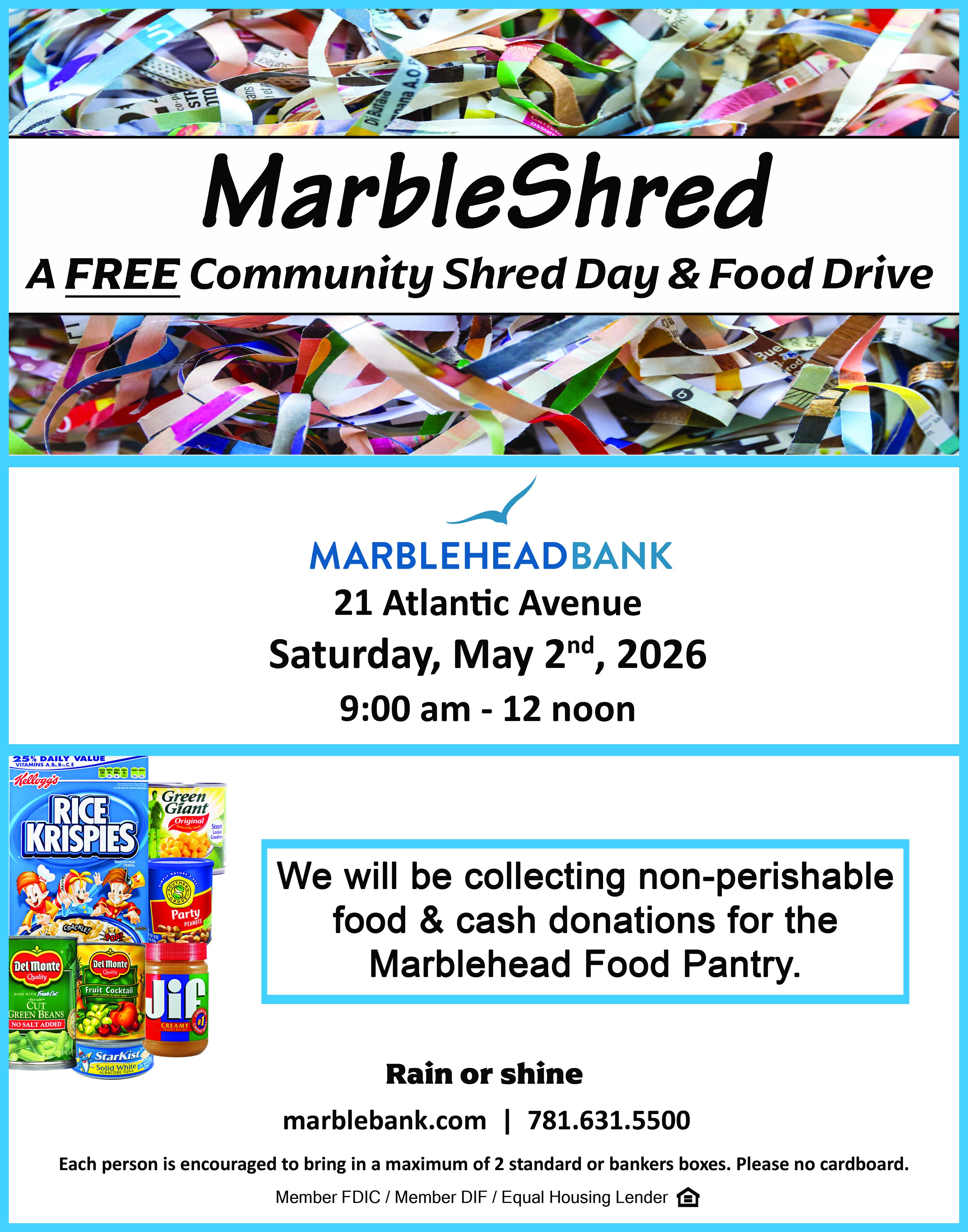 Free Public Shredding event and Food Drive at Marblehead Bank