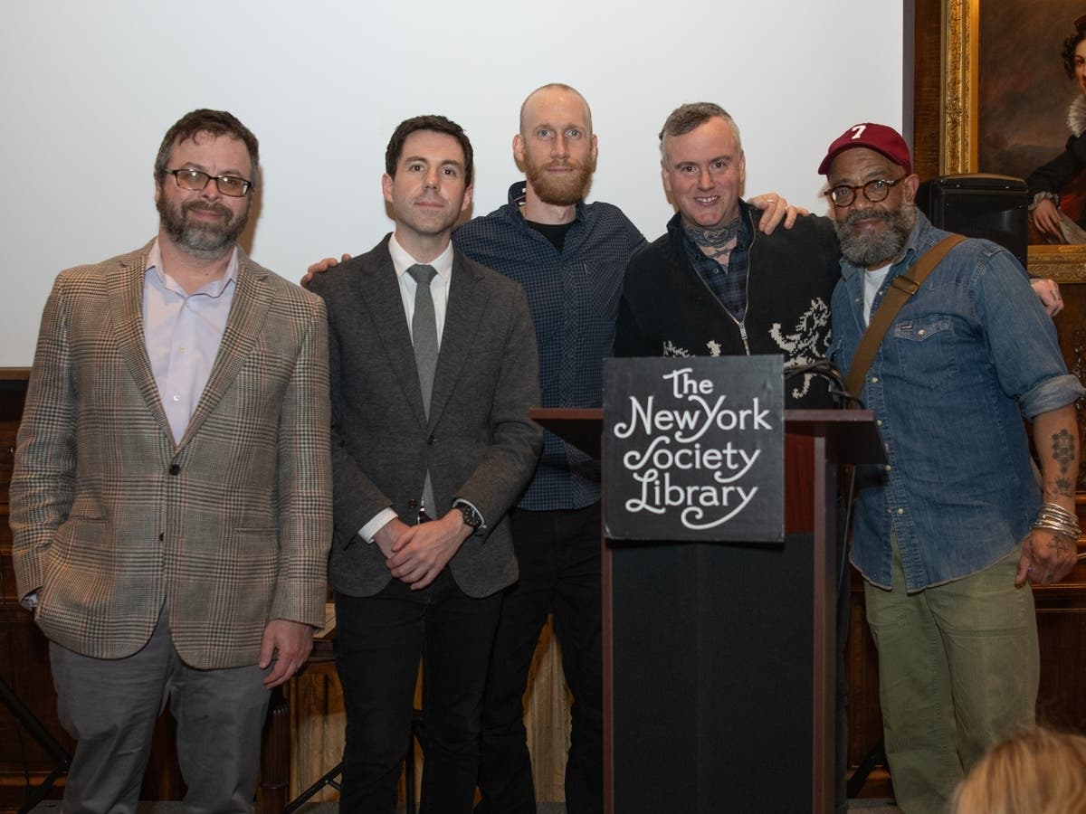 2025-2026 NYC Book Award winners Elon Green, Alexander Wood, David Campbell, Jarrod Shanahan, and Patrick Dougher (not pictured: winner Bench Ansfield)