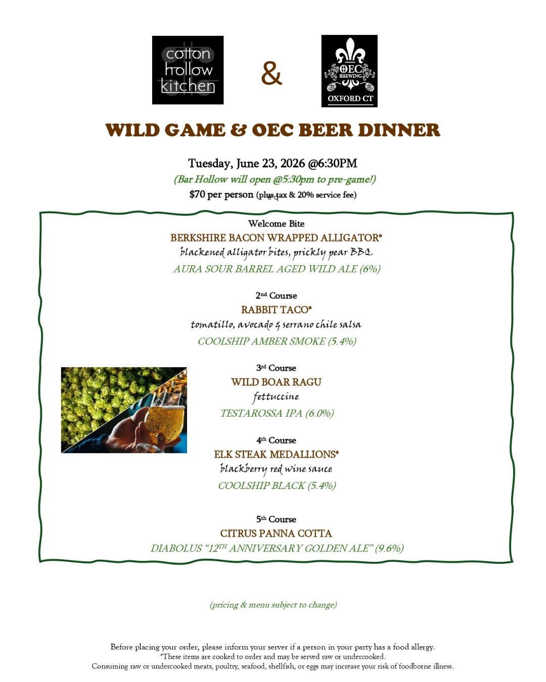 Wild Game & OEC Beer Dinner at Cotton Hollow Kitchen