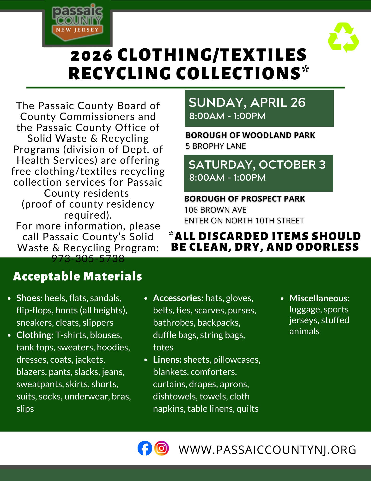 Passaic County to Collect Unwanted Clothing/Textiles on April 26th