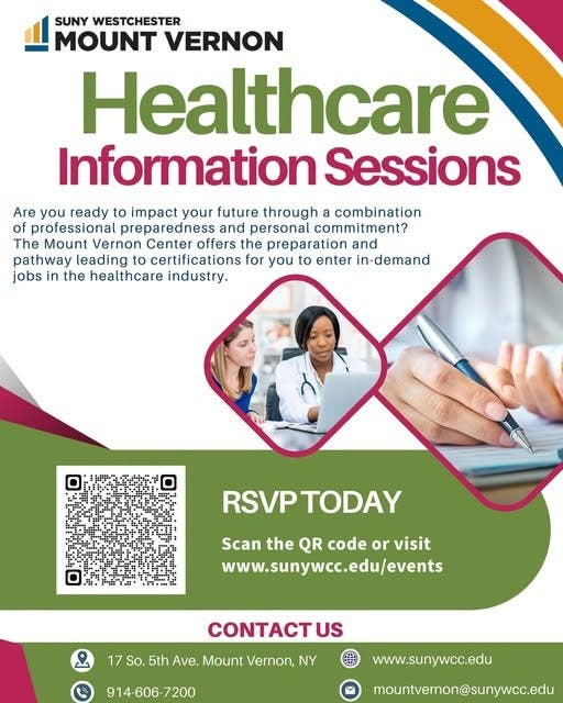 Your health care career awaits! Join us for a training info session at SUNY WCC Mt. Vernon