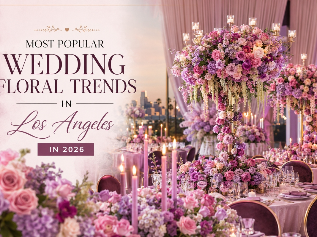 Candlelit centerpieces of roses, hydrangeas and hanging amaranthus in pink and plum tones reflect the bold, immersive floral designs trending at Los Angeles weddings in 2026.
Image courtesy of Dolce Fiore, Glendale, CA.