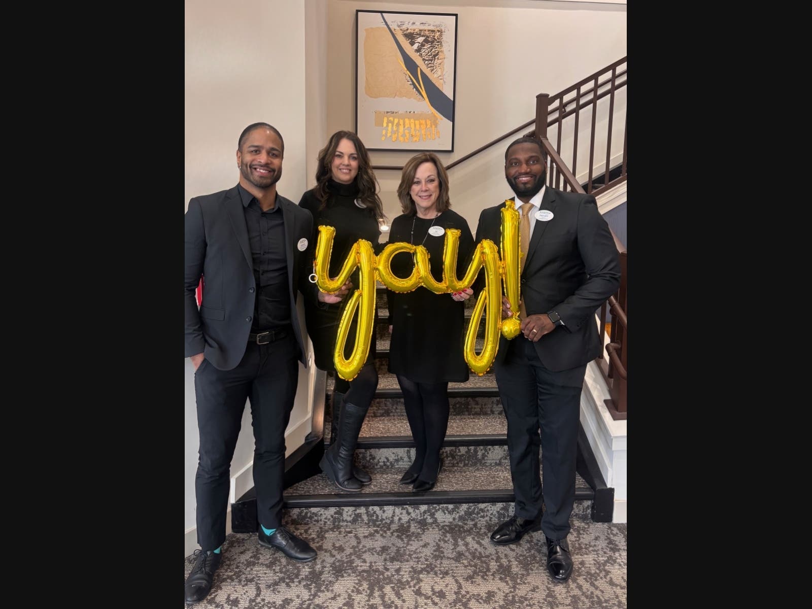 From left to right: Aking DeLeon, Assistant Executive Director, Terri Doody, Sales & Marketing Director, BJ DiDonato, Sales & Marketing Director, and Henry Starks, Move In Coordinator.