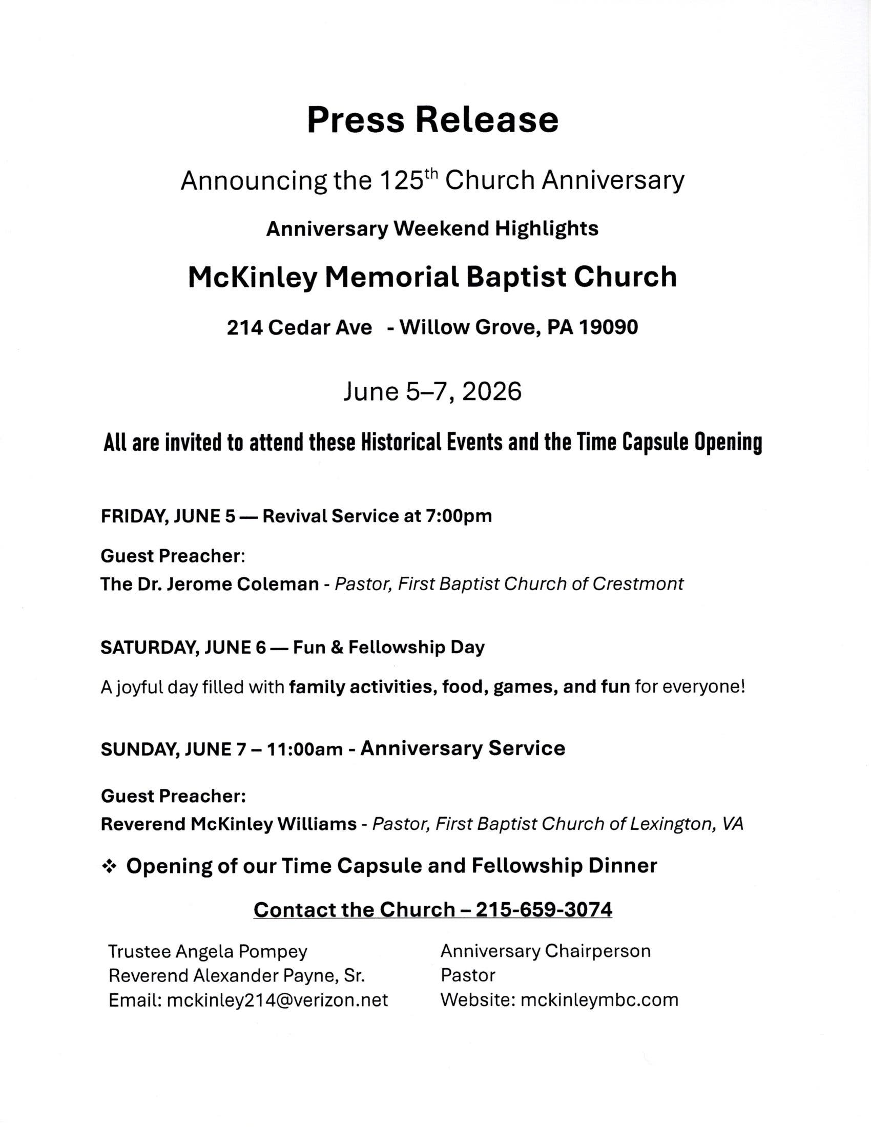125th Church Anniversary Anniversary Weekend Highlights