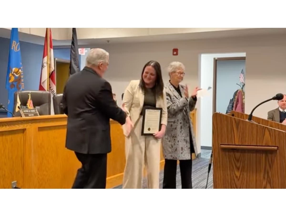 2025-26 NJ Teacher of the Year Gillian Ober with Freehold Borough Mayor Kevin Kane and Councilwoman Sharon Shutzer. 