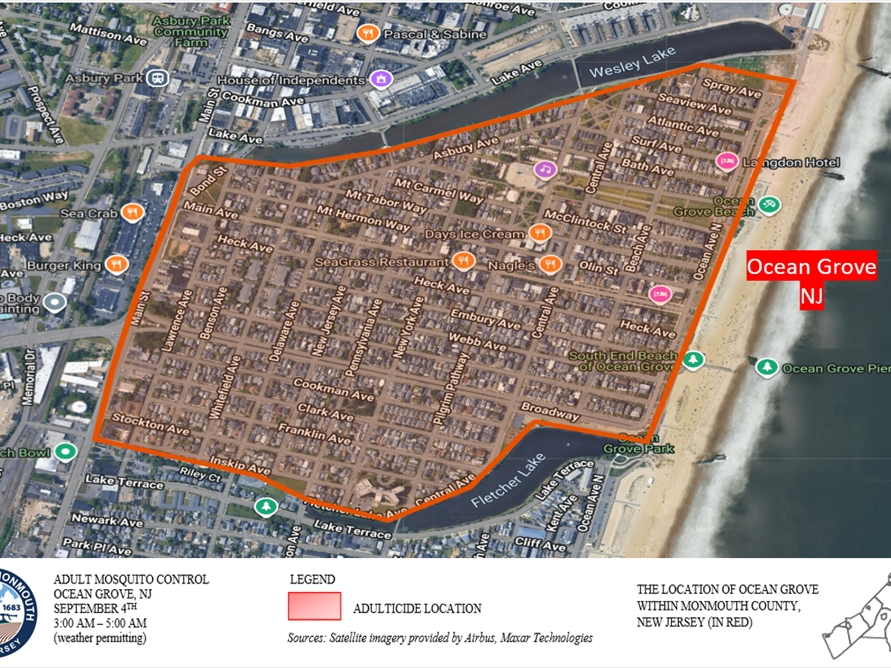 The Monmouth County Office of Mosquito Control will conduct a community-wide adult mosquito control operation and precautionary measures in Ocean Grove on Friday.