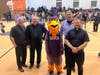 Bishop Dennis Spies (Auxiliary Bishop- Diocese of Joliet), Fr. Dan Hoehn (Pastor), DJ (Phoenix mascot), Tom Newton (Principal) and Fr. Tom Logue (Associate Pastor)
