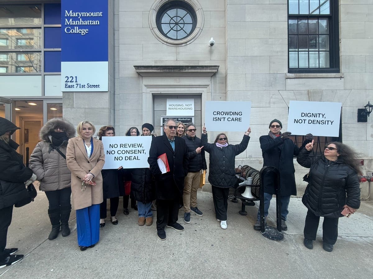 Howard Rubin, the lawyer representing the East Side Accountability Alliance, speaks at a press conference ahead of Community Board 8's monthly board meeting at Marymount Manhattan College. 