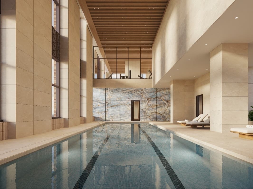 The pool room offers sweeping views of Manhattan.