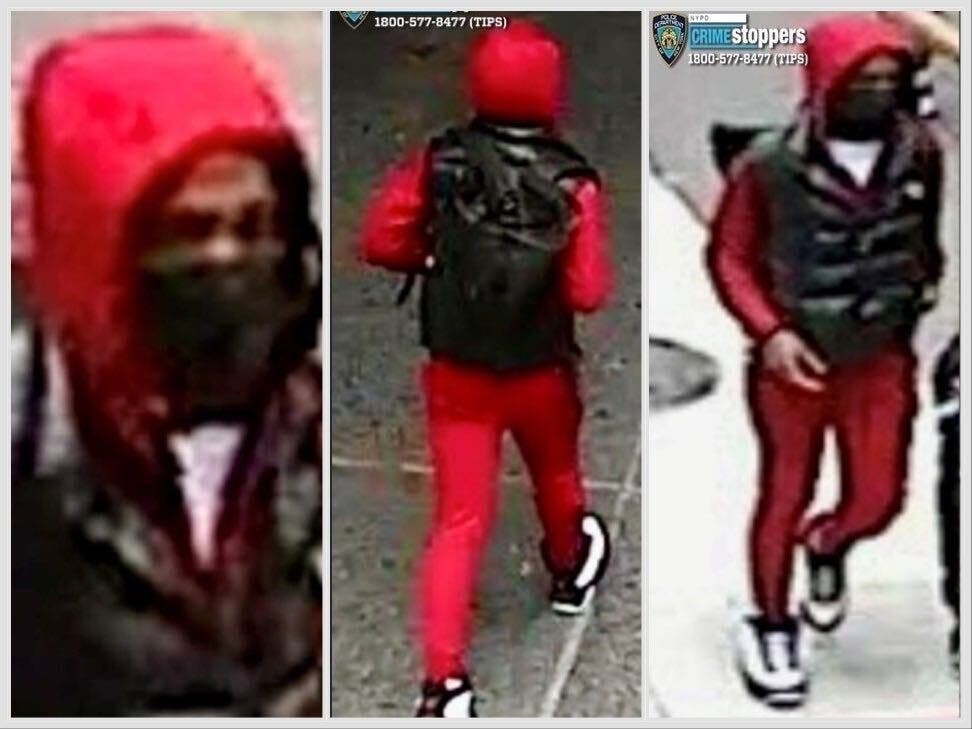 The suspect was last seen running uptown on Seventh Avenue, wearing a red tracksuit, a black vest, a black face mask, and a backpack.