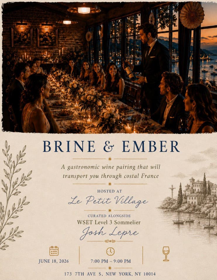 A Coastal French Wine Pairing Dinner at Le Petit Village with Brine & Ember on 6/18