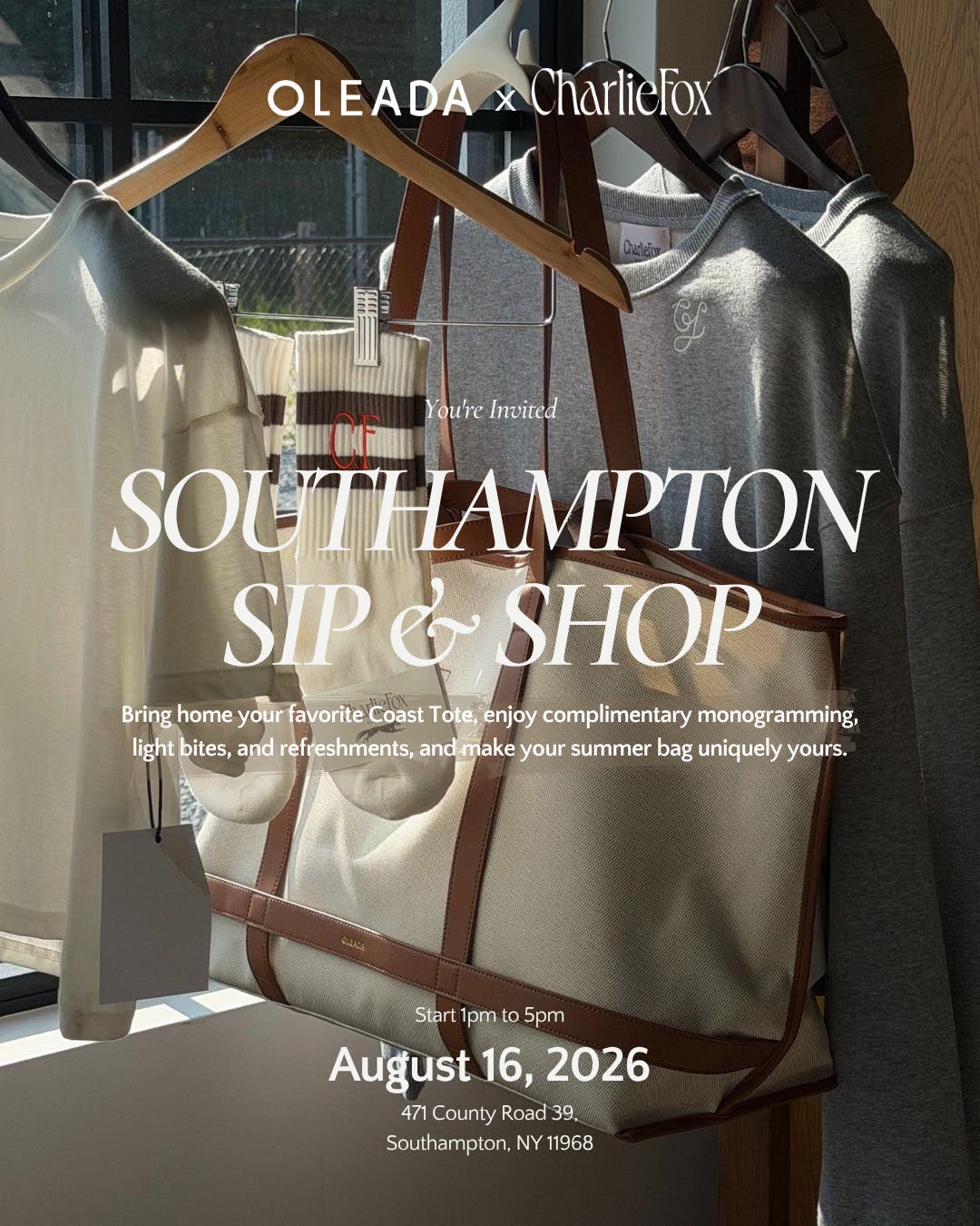 OLEADA Brings Complimentary Monogramming to Charlie Fox in Southampton on 8/16