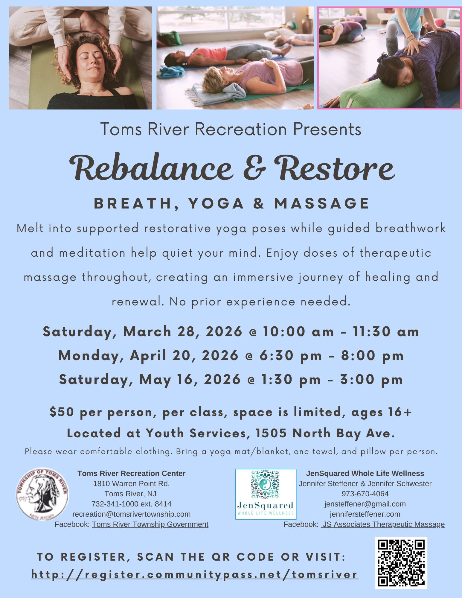 Rebalance & Restore: Breathe, Yoga & Massage with Jen & Toms River Recreation