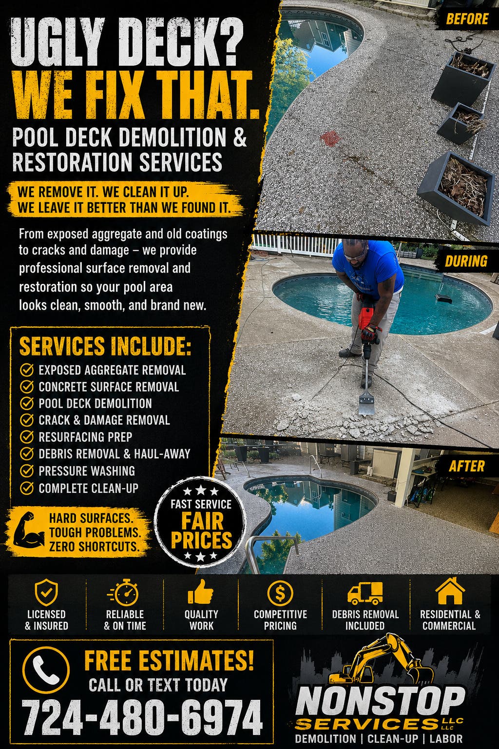 POOL DECK DEMOLITION & RESTORATION  🚧 NONSTOP SERVICES LLC 🚧  Is your pool deck covered in exposed