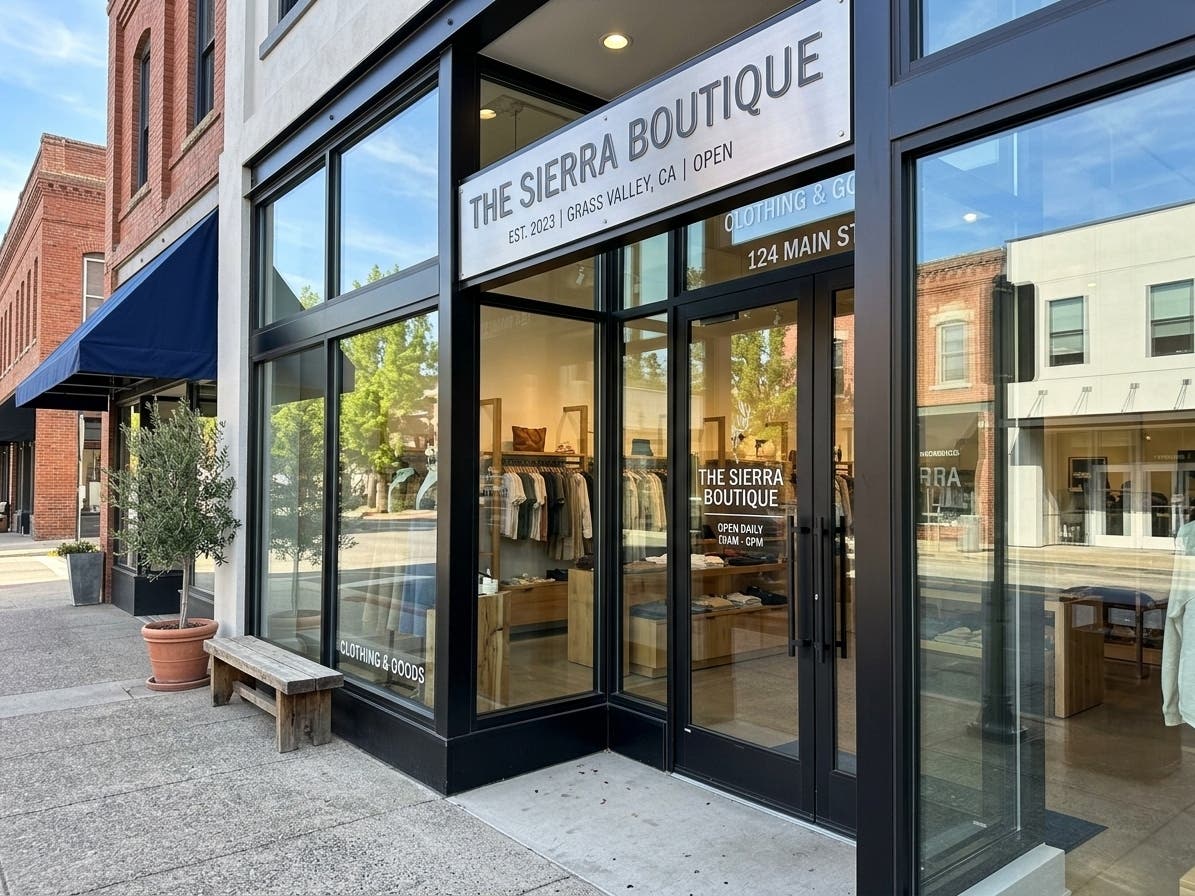 Custom commercial storefront glass and dark aluminum framing installation by Pro Glass & Mirror Inc. in Grass Valley, CA.