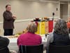The Chef uses the Charlie Cart, a mobile food cart used for library receptions, demonstrations and events. This cart was purchased by the Friends of the Simsbury Public Library. 