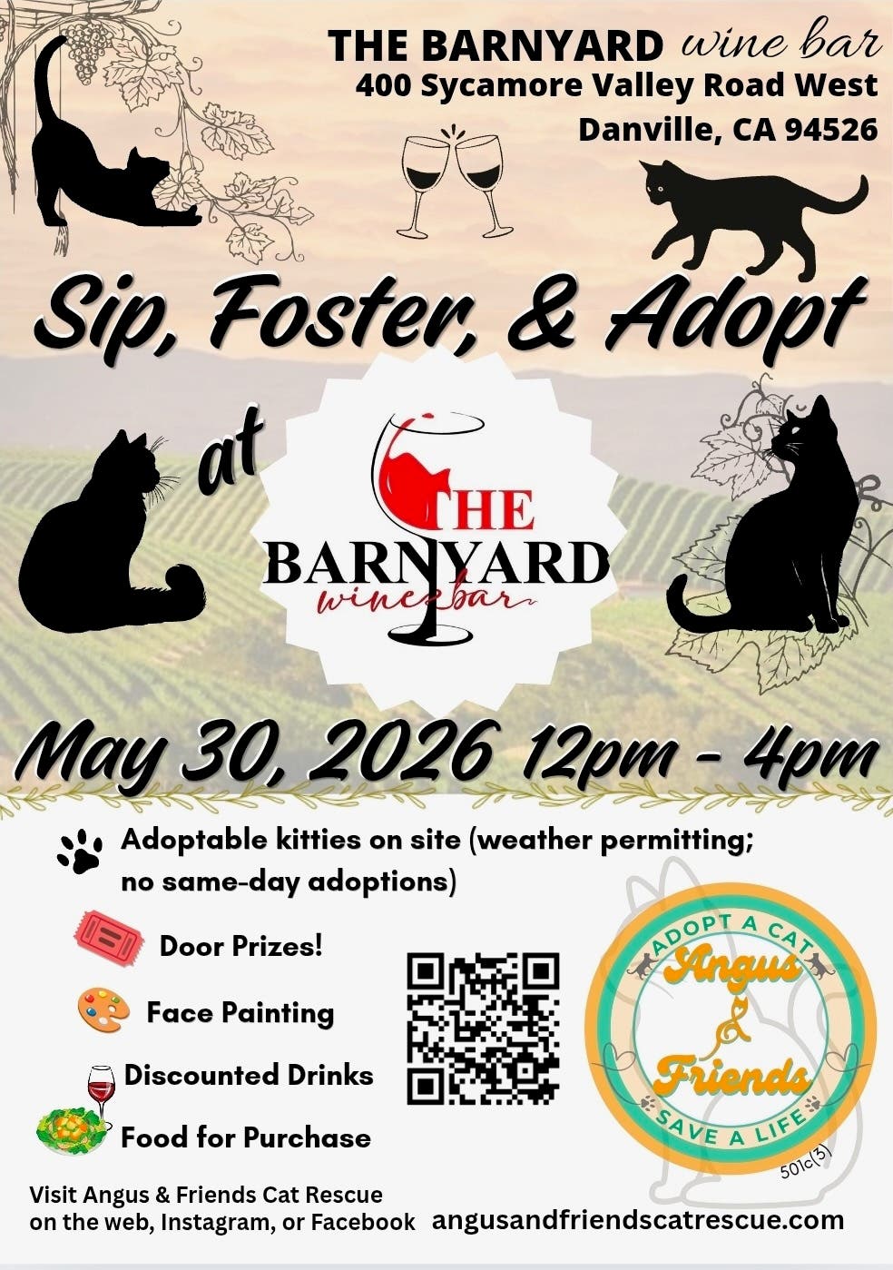 Join Angus & Friends for our Sip, Foster & Adopt event at The Barnyard Wine Bar in Danville