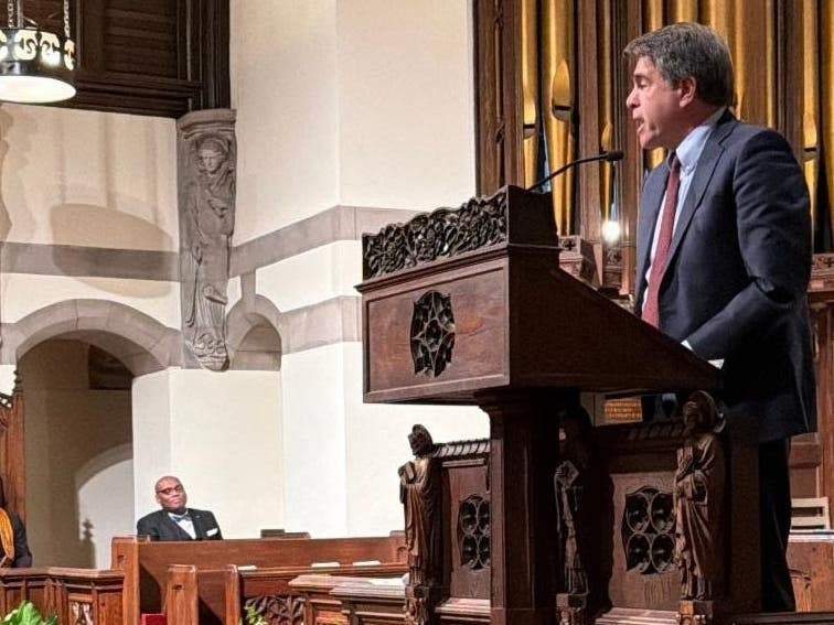 The mayor was among multiple speakers during the Harmony Foundation's event.