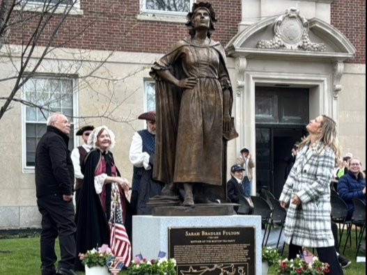 The statue was unveiled on Patriots Day outside City Hall.