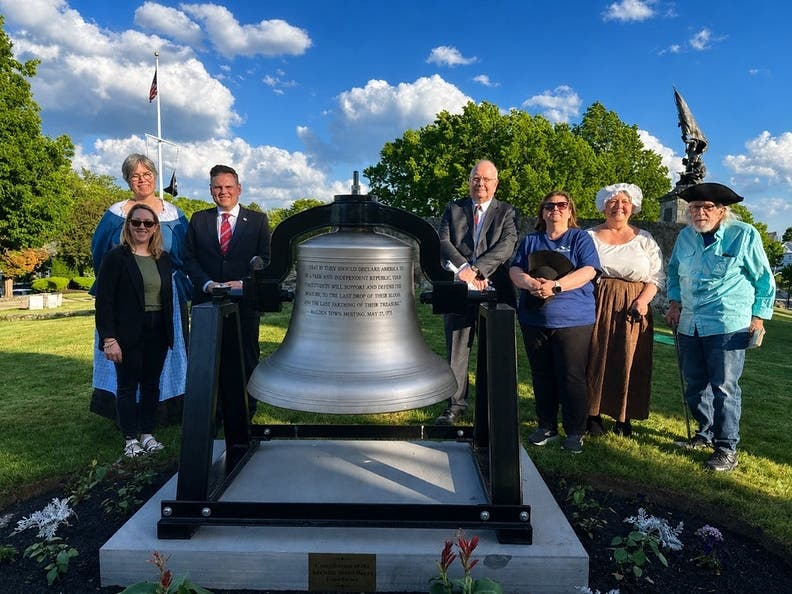 The 150-year-old, 1,200-pound bronze memorial bell features a quote from Malden Town Meeting in 1776.