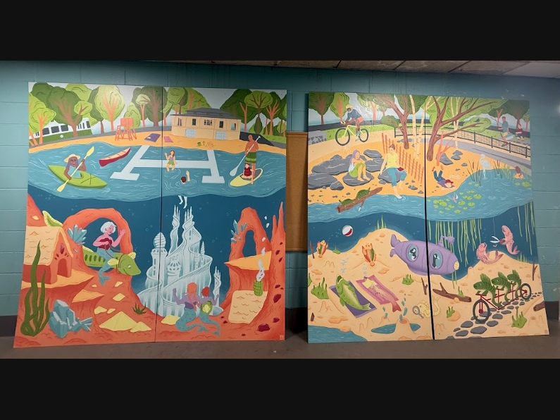 Prior to installation, the murals were laid out inside of the Crystal Lake Bathhouse.