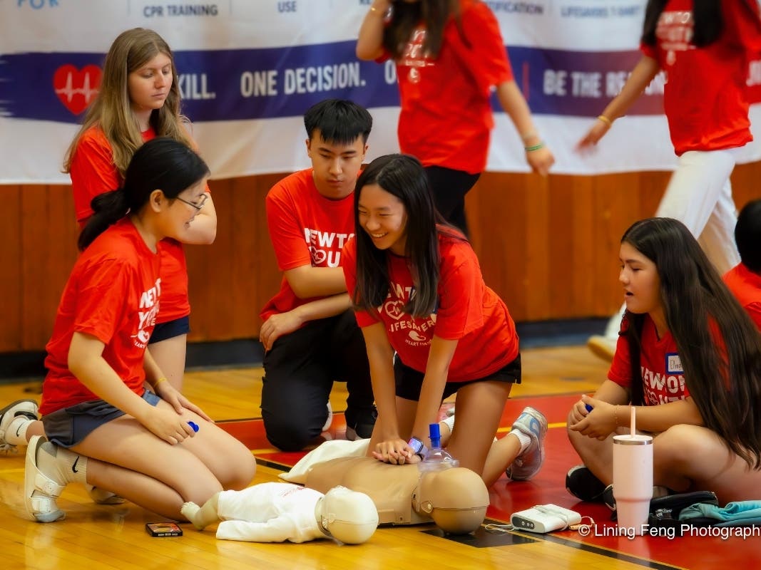 Students learned adult, child, and infant CPR, automated external defibrillator (AED) use, choking relief, and emergency response before completing hands-on training led by certified instructors.