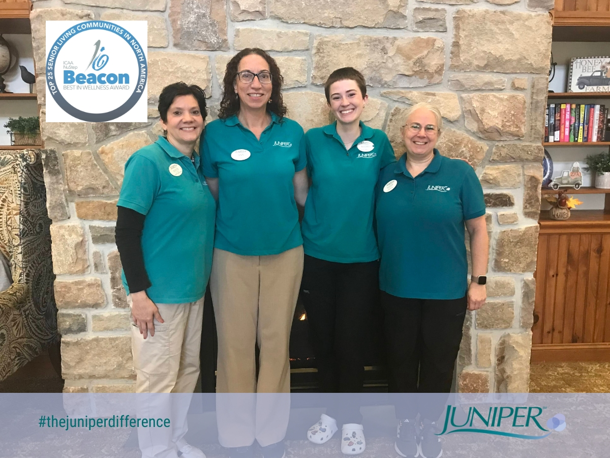 Members of the Juniper Village at Lebanon Connections Team celebrate being named one of North America’s Top 25 Best in Wellness Communities. Pictured: Evette Hernandez, Ann Anderson, Audrey Lovell, and Tanya Flemming.
