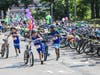 Liam Rubillo, Ryan Mauer, and Nikhil Koganti (all age 6) head to the Kids Triathlon transition area to begin the run portion of their race. 