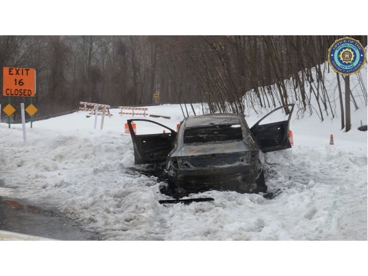 A Stony Point, New York resident has been sentenced to 17 years in prison for a 2021 shooting homicide. The victim’s car, pictured, was later set on fire with the victim inside it along the Palisades Interstate Parkway.