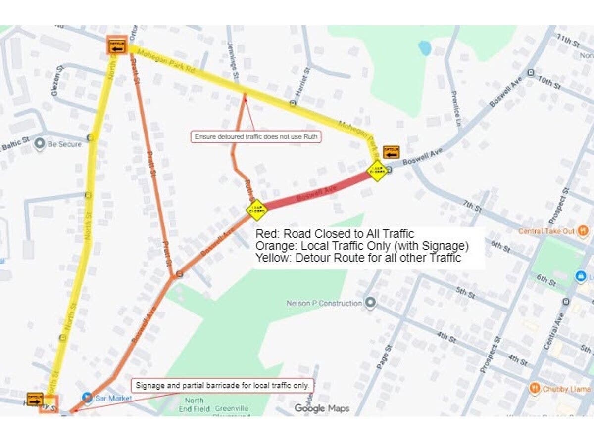 A map of traffic impacts due to utility work in Norwich planned on Tuesday, July 14.