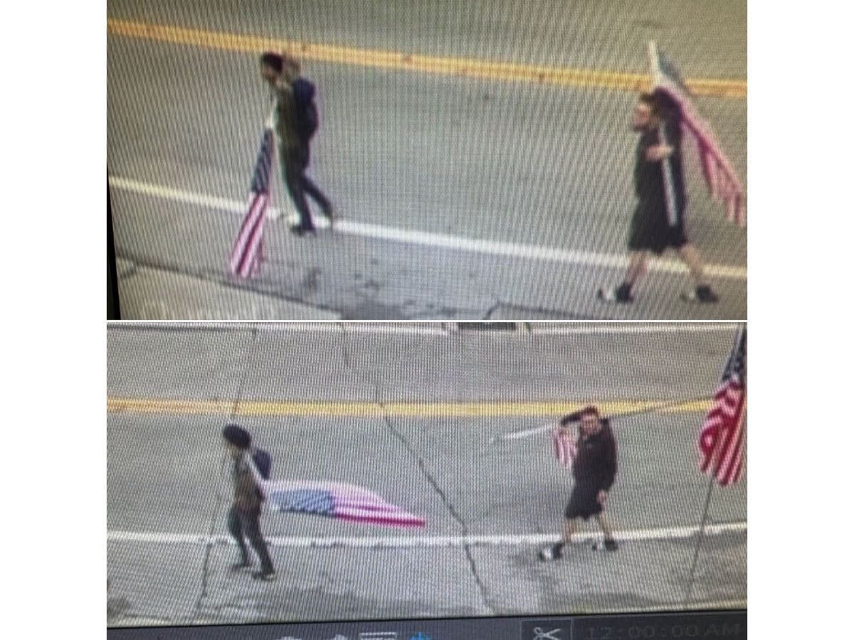 Connecticut State Police released these images of two individuals suspected of stealing American flags in Sprague and throwing them in a river.