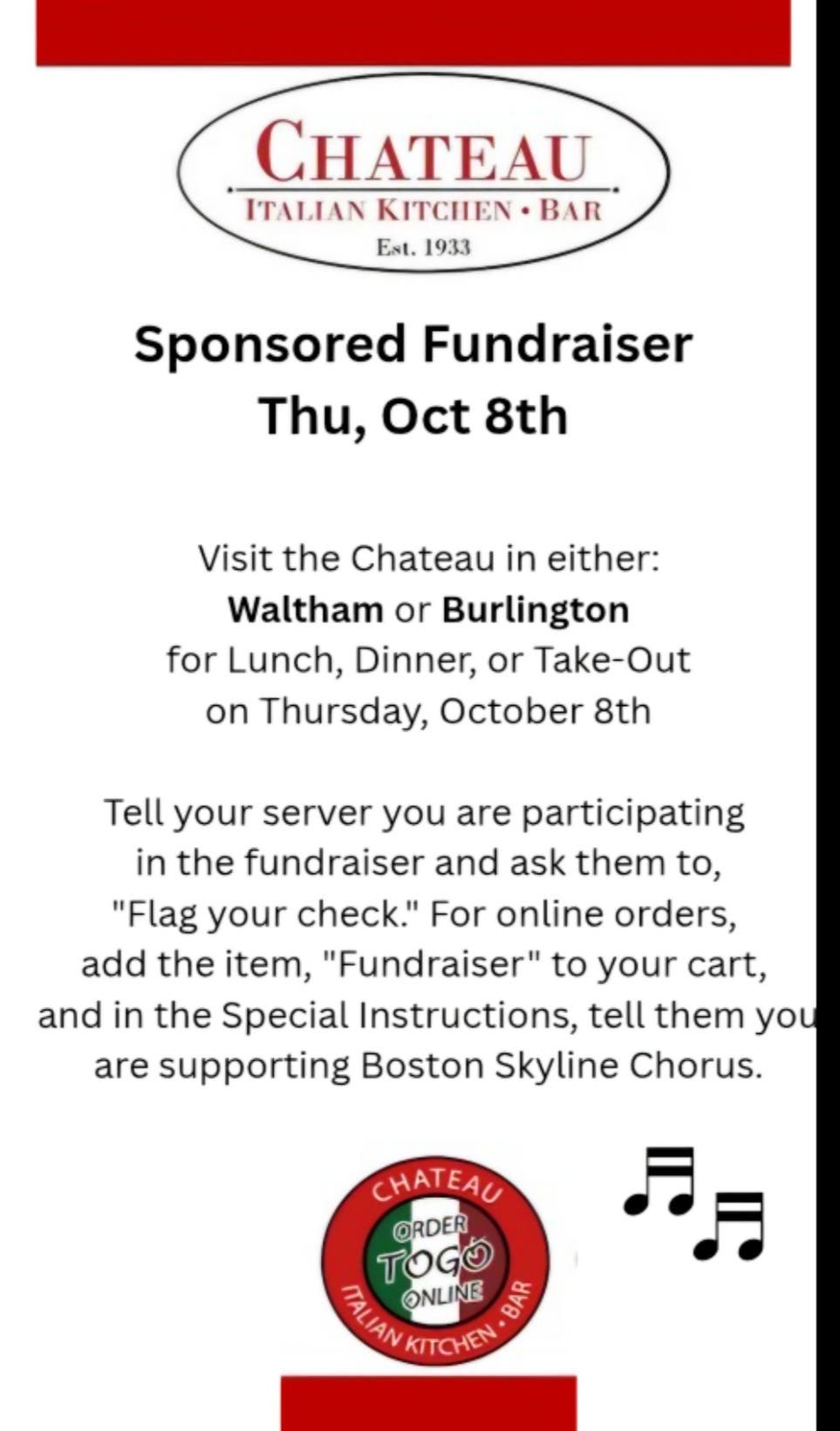 The Chateau (Waltham and Burlington) Fundraiser for Boston Skyline Chorus
