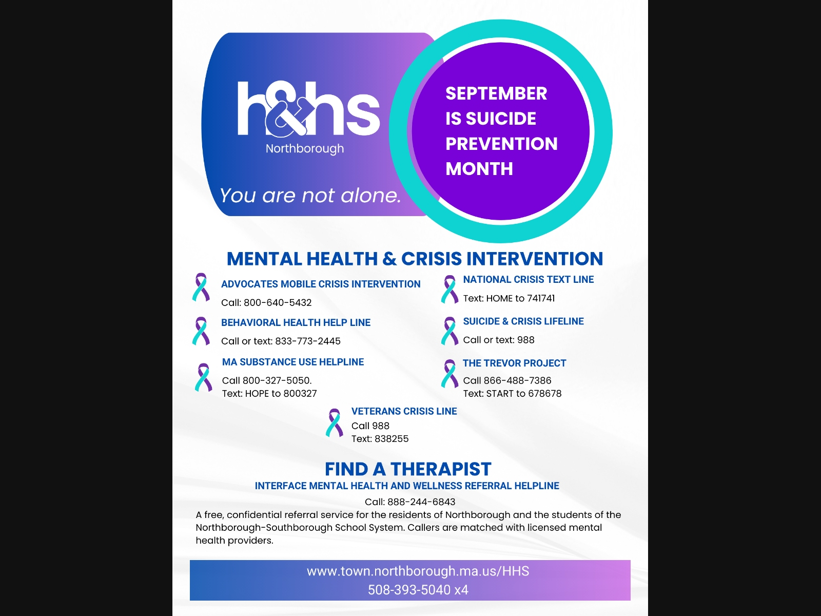 September is Suicide Prevention Month: You are not alone | Northborough ...