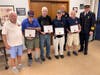 From left to right: AVFD Board President Jamie DiPace; AVFD Fire Police members with 20+ years of service -- Dennis Bianchi, Jack McGuire, Jay McCaffrey, Robert Theriault; AVFD Chief Bruce Appell; and AVFD Fire Police member Chip Carpenter (second row).