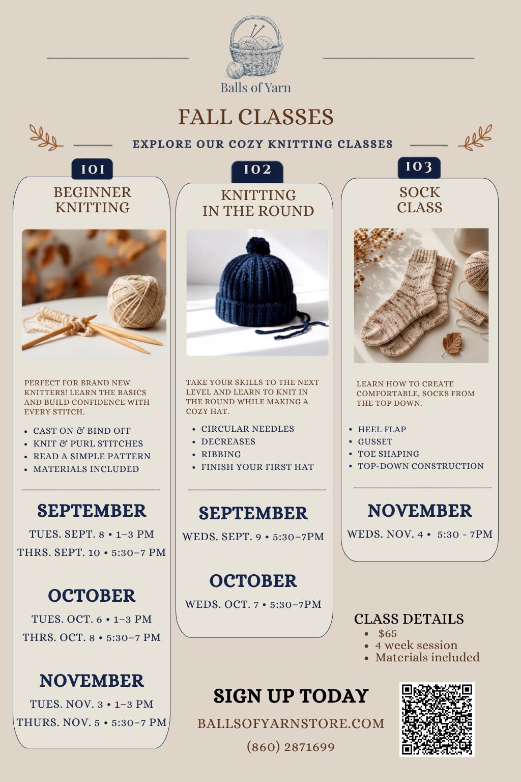     Fall Knitting Classes at Balls of Yarn