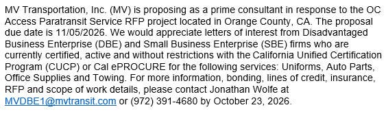DBE/SBE Opportunity - Orange County OC Access Paratransit Service
