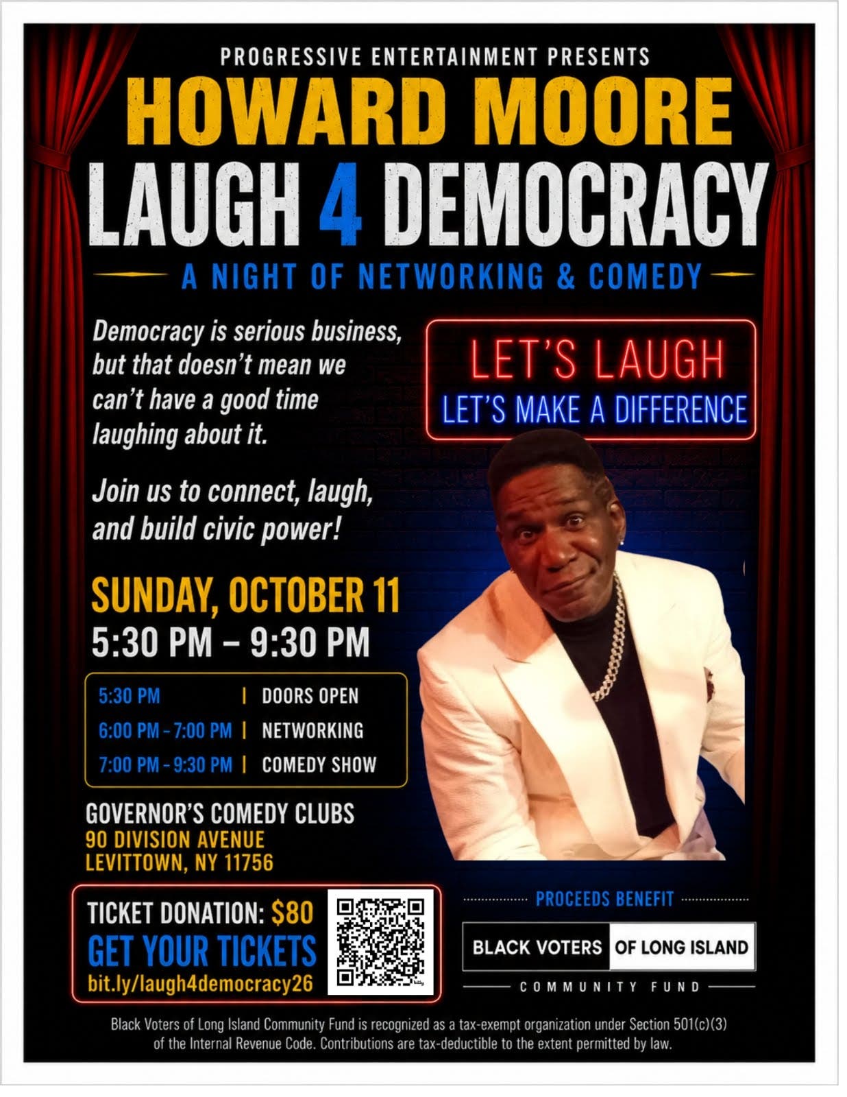 Laugh 4 Democracy features Howard Moore & Uptown Comedy Show-Sunday, Oct 11th at Governor's Comedy