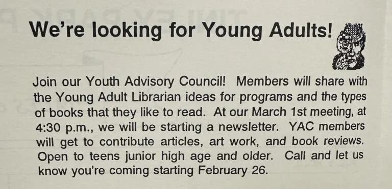 Ad for Youth Advisory Council in the 1996 library newsletter
