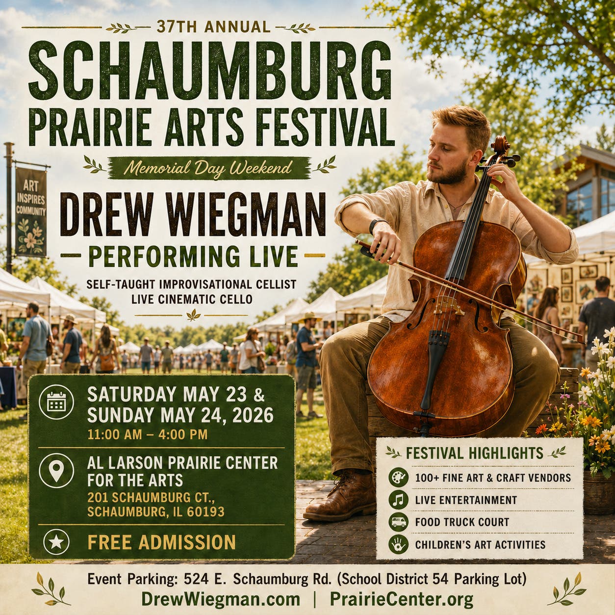 Schaumburg Prairie Arts Festival Featuring Live Cello by Drew Wiegman