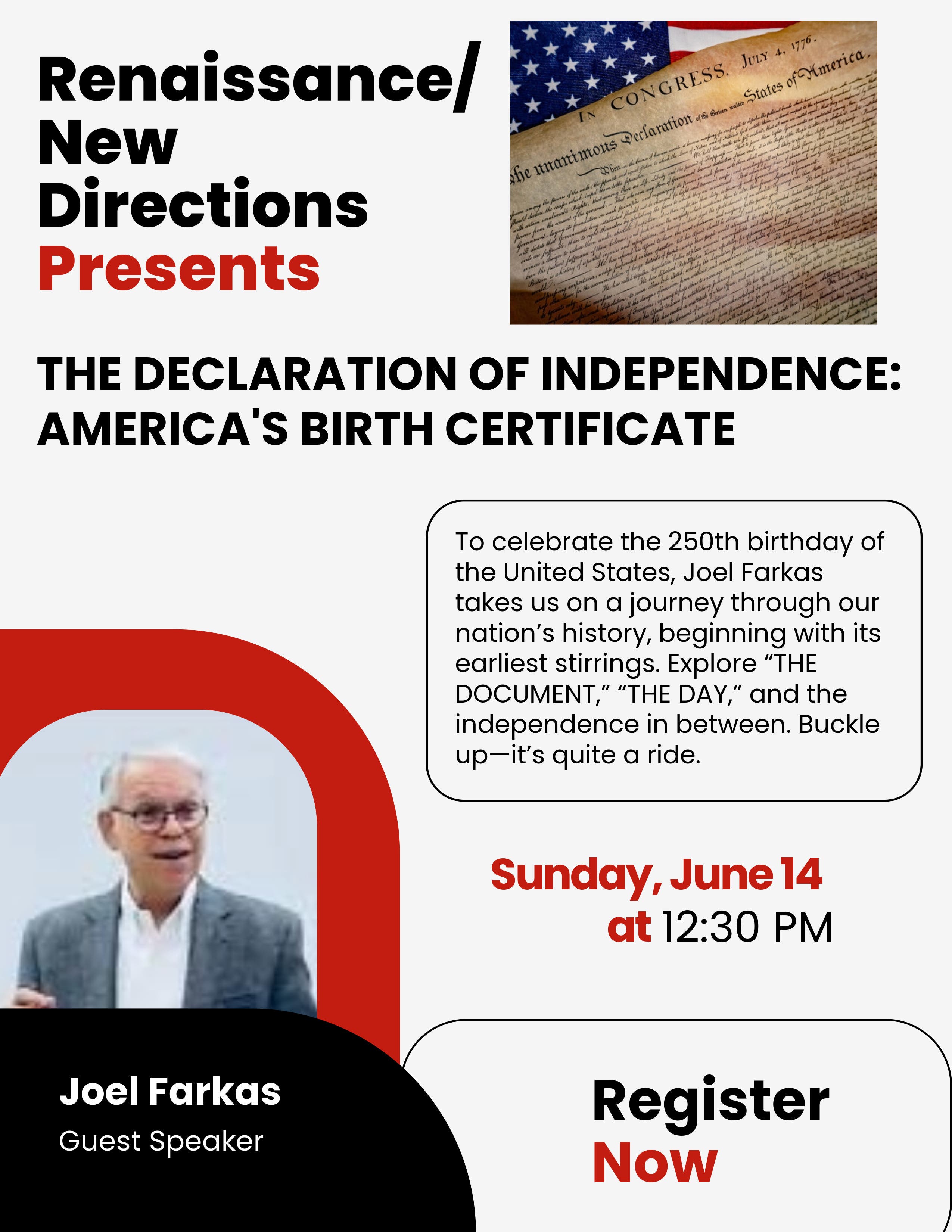 Renaissance/New Directions June Event: Guest Speaker Joel Farkas, on America's 250th Birthday