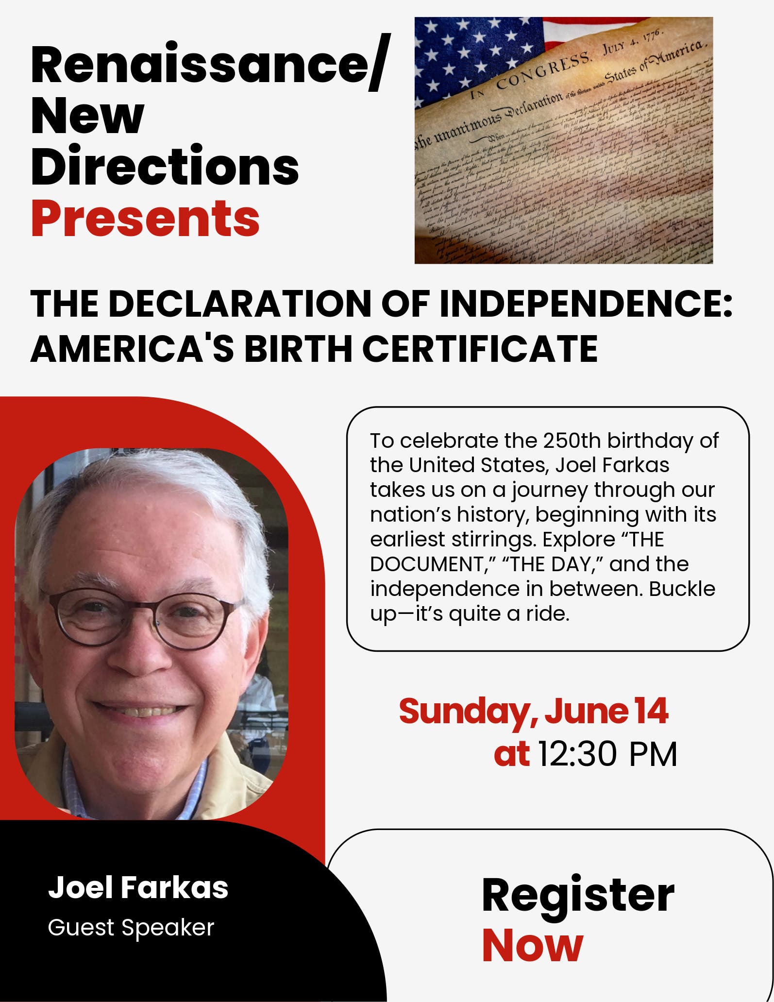 Renaissance/New Directions June Event:  Guest Speaker Joel Farkas, on America's 250th Birthday
