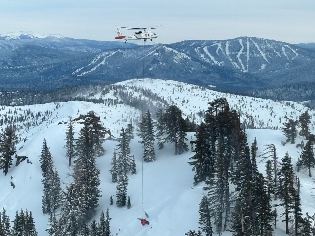 A helicopter conducts avalanche mitigation efforts on Feb. 20. 