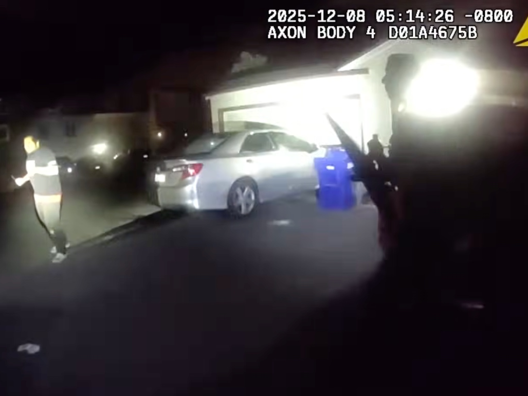 A screenshot of bodycam footage released by the South San Francisco Police Department in connection with the shooting of a knife-wielding man who appeared to charge at officers on Dec. 8, 2025. 