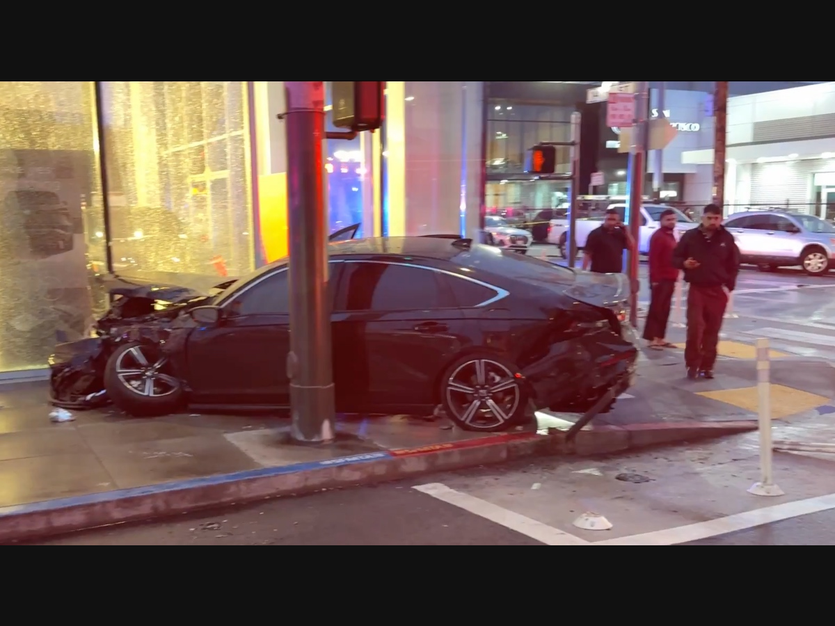 A car authorities say crashed into an Audi dealership during a police pursuit on Sunday, July 19.